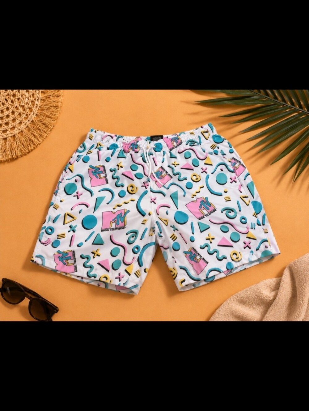MTV~ Retro Swim Trunks Mens Small 80s 90s Geometric Print Lined Beach Shorts